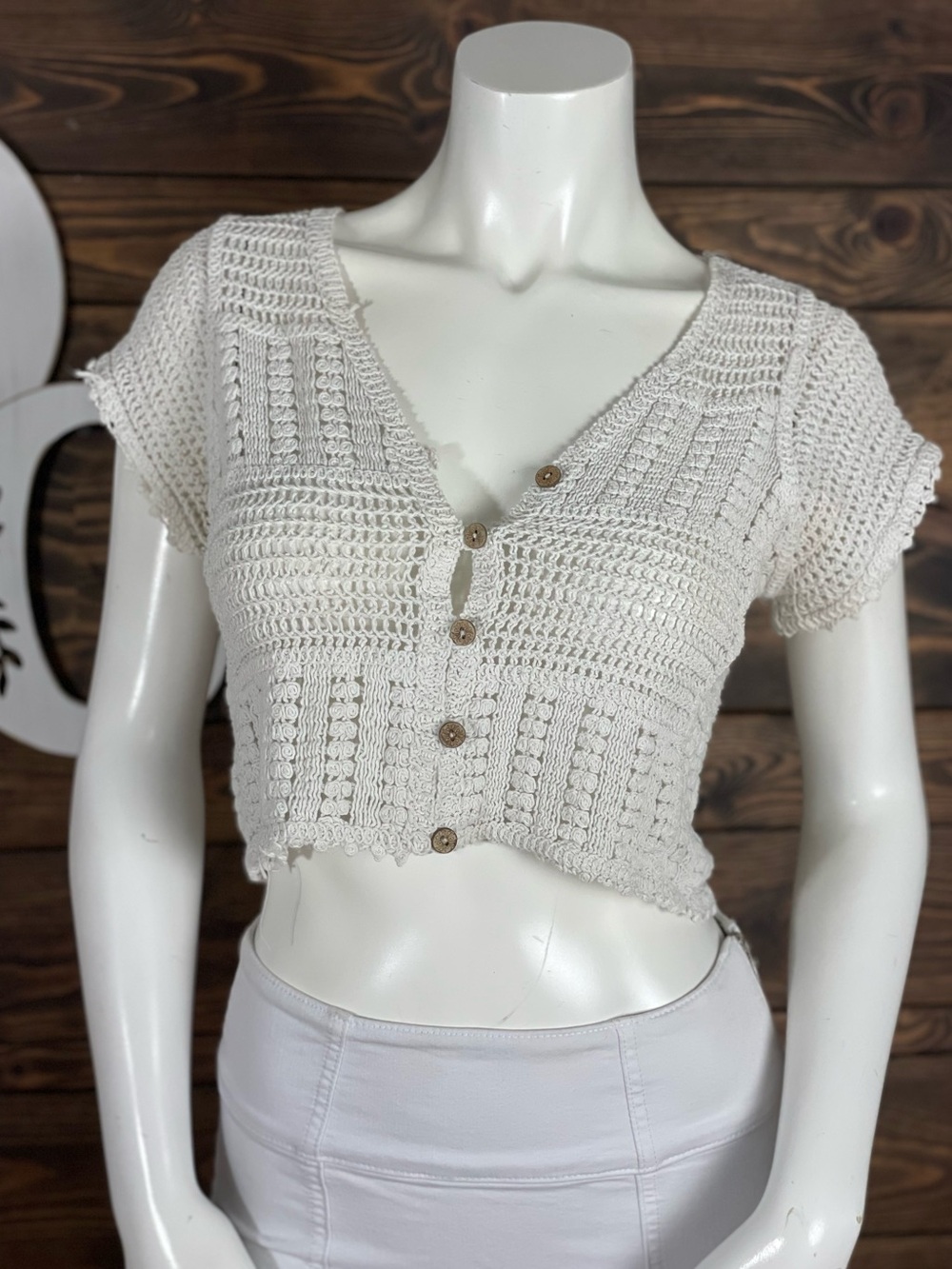 Rebellion Again | Coquette Crochet Cropped Knit Button-Front Top Cream Wooden